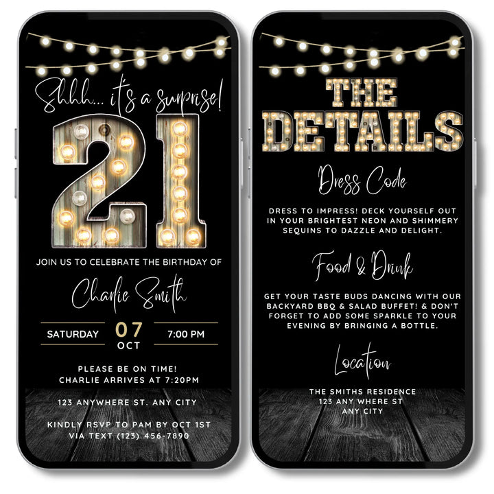 Surprise 21st Birthday Invitation with Details – Digital Editable Canva Template