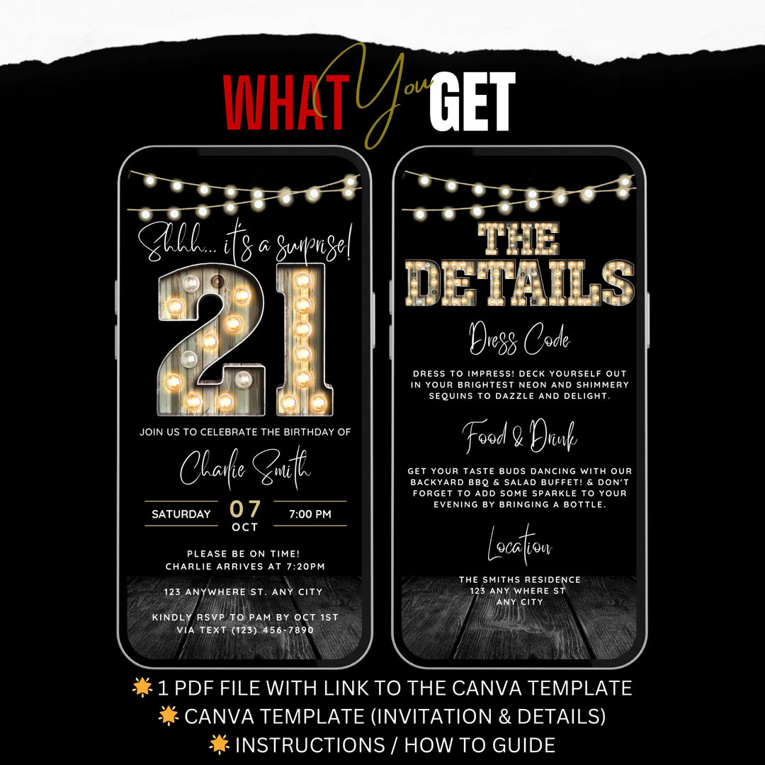Surprise 21st Birthday Invitation with Details – Digital Editable Canva Template