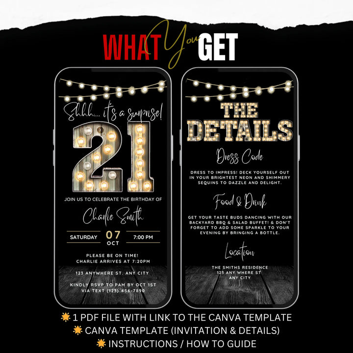 Surprise 21st Birthday Invitation with Details – Digital Editable Canva Template