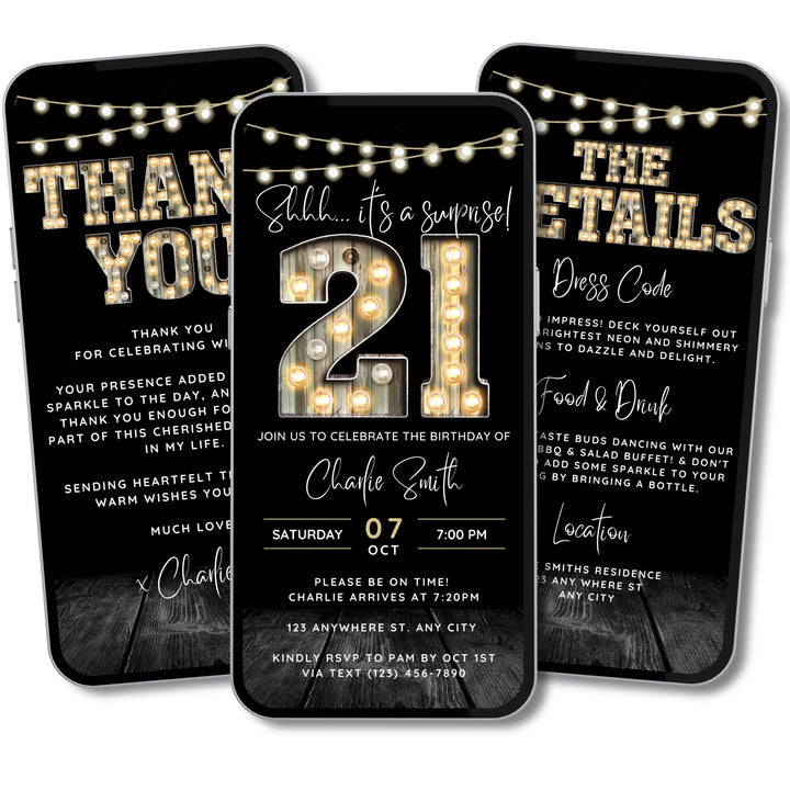 Surprise 21st Birthday Invitation with Details and Thank You Card – Digital Editable Canva Template