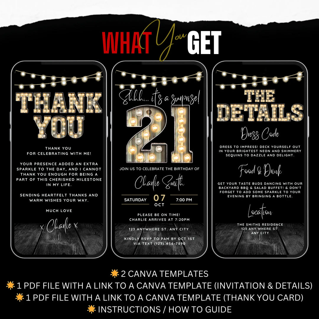 Surprise 21st Birthday Invitation with Details and Thank You Card – Digital Editable Canva Template
