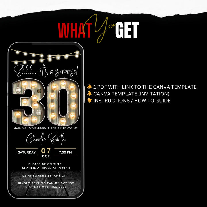 Surprise 30th Birthday Invitation – Digital Editable Canva Template