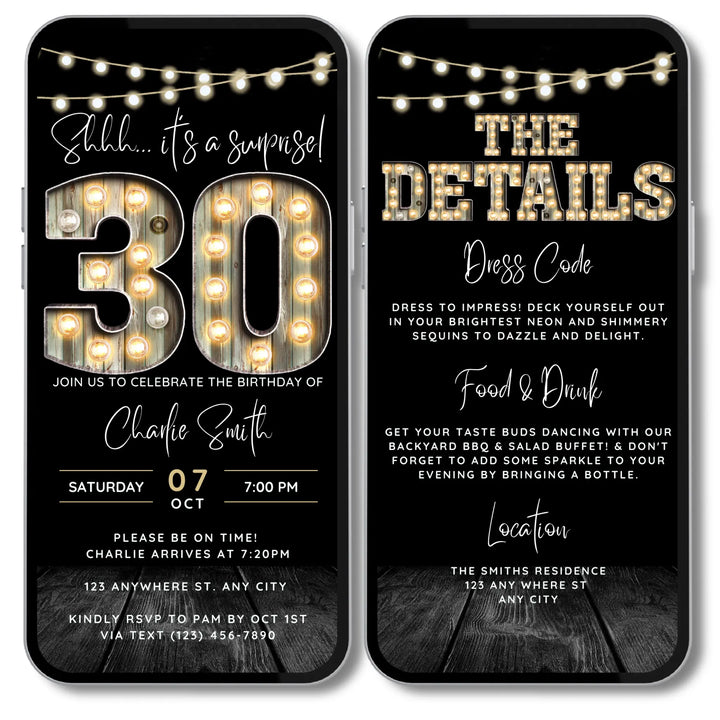 Surprise 30th Birthday Invitation with Details – Digital Editable Canva Template