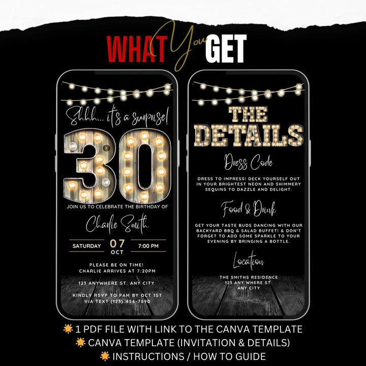 Surprise 30th Birthday Invitation with Details – Digital Editable Canva Template