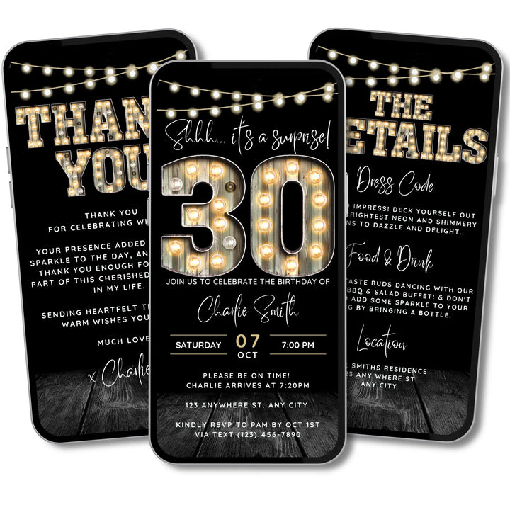 Surprise 30th Birthday Invitation with Details and Thank You Card – Digital Editable Canva Template