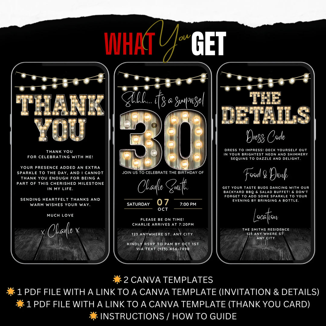 Surprise 30th Birthday Invitation with Details and Thank You Card – Digital Editable Canva Template