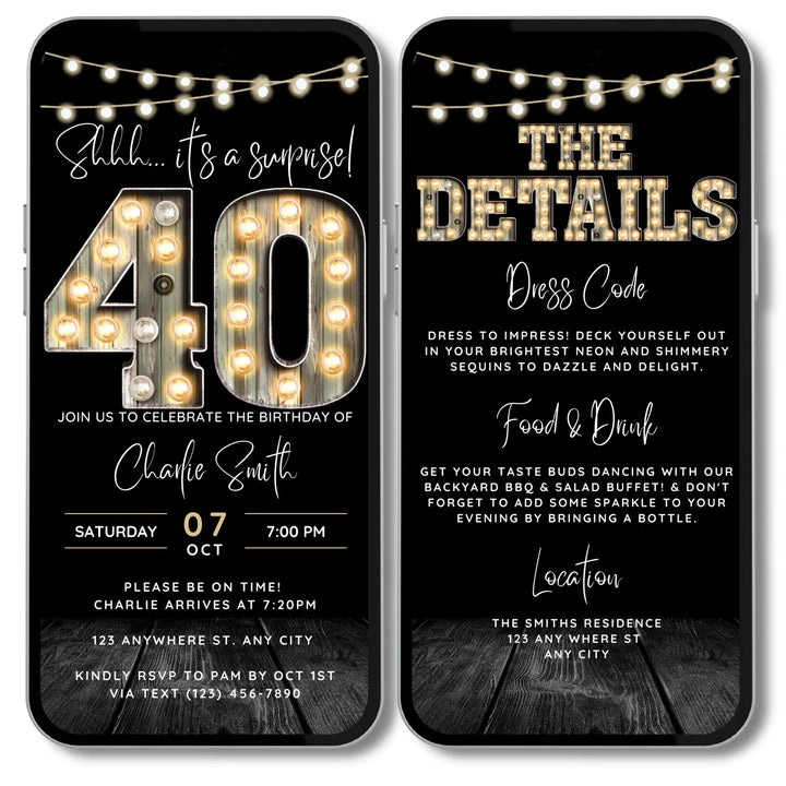 Surprise 40th Birthday Invitation with Details – Digital Editable Canva Template