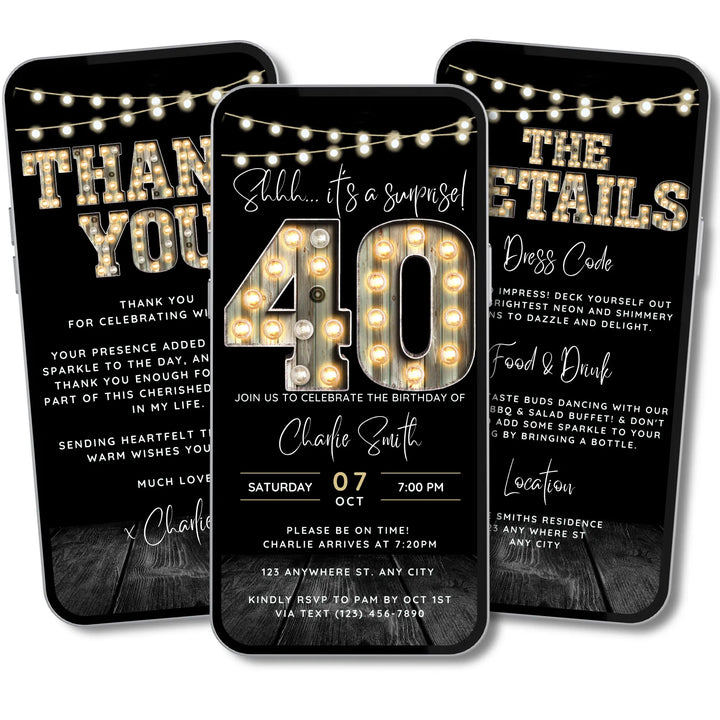Surprise 40th Birthday Invitation with Details and Thank You Card – Digital Editable Canva Template