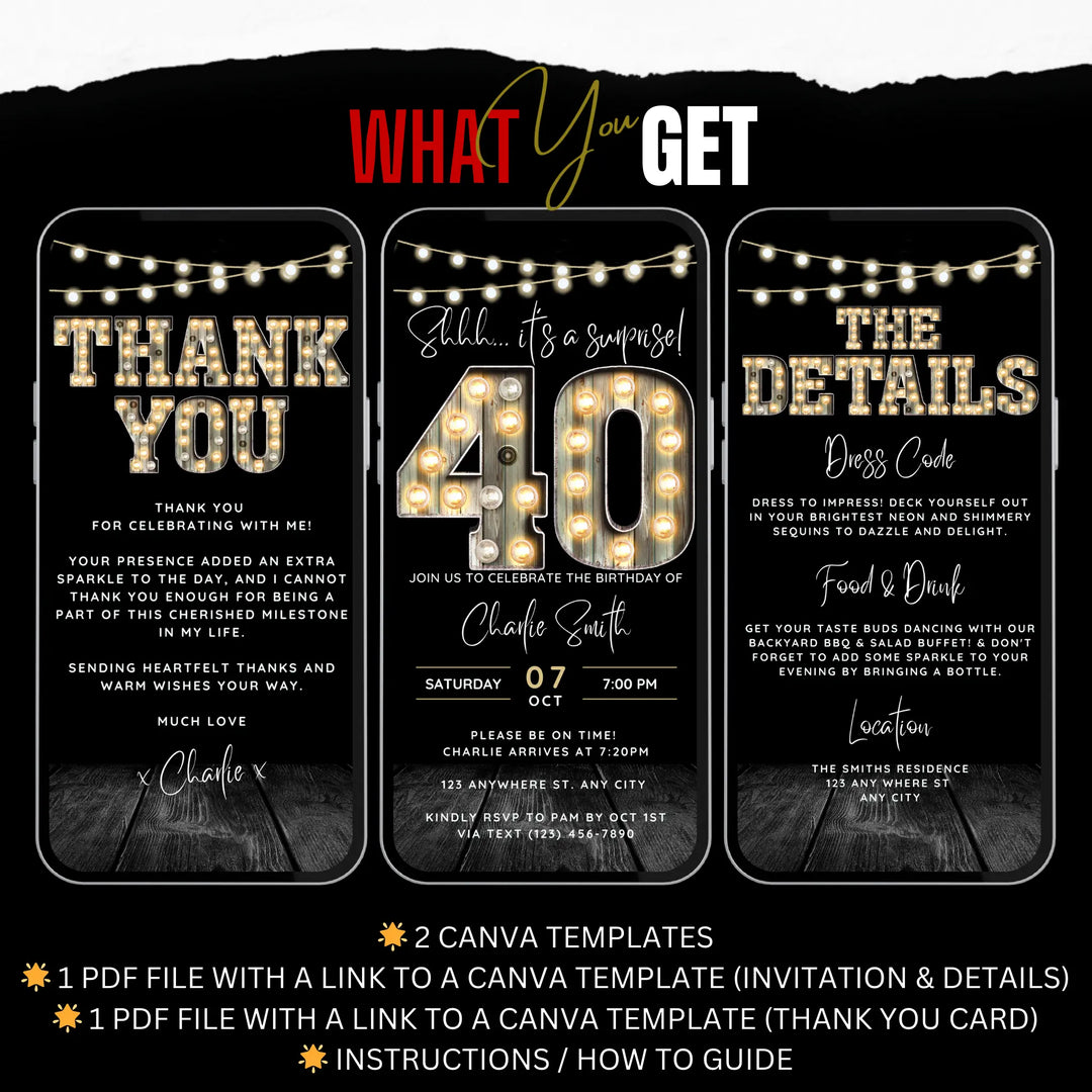 Surprise 40th Birthday Invitation with Details and Thank You Card – Digital Editable Canva Template