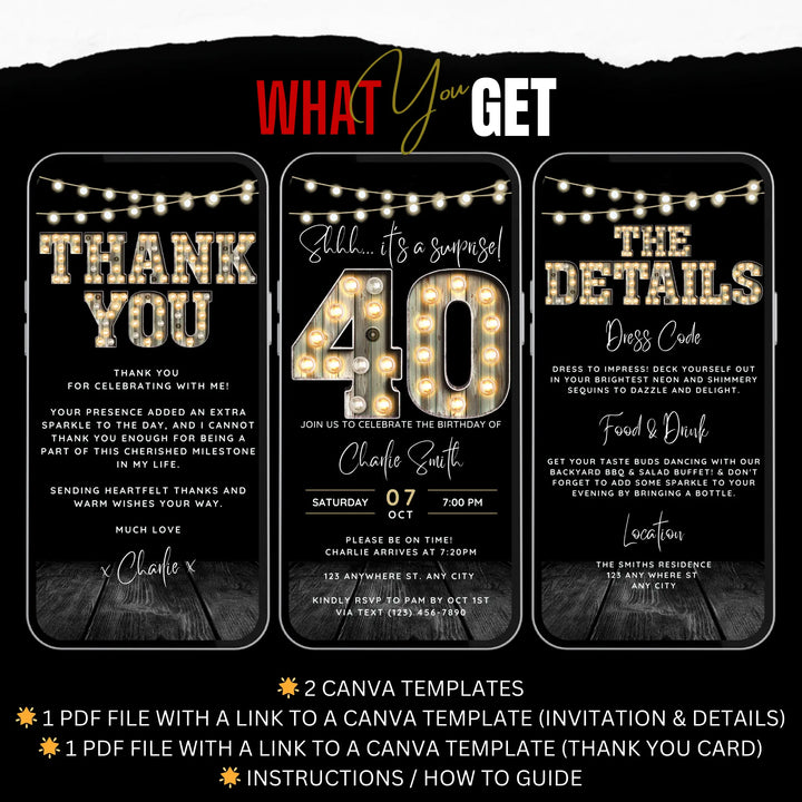 Surprise 40th Birthday Invitation with Details and Thank You Card – Digital Editable Canva Template