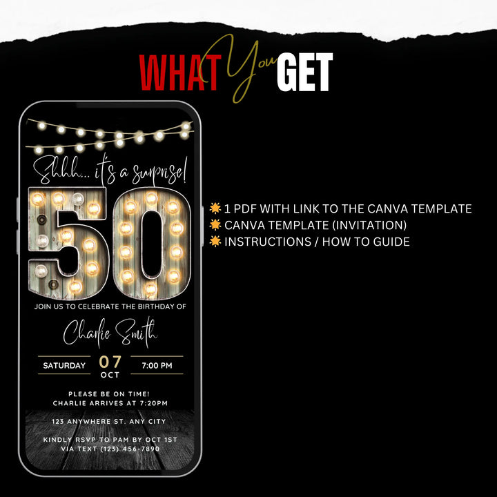 Surprise 50th Birthday Invitation – Digital Editable Canva Template
