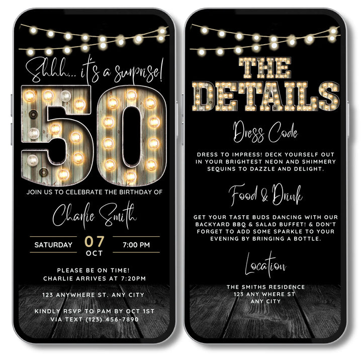 Surprise 50th Birthday Invitation with Details – Digital Editable Canva Template