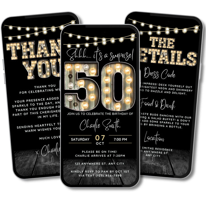 Surprise 50th Birthday Invitation with Details and Thank You Card – Digital Editable Canva Template