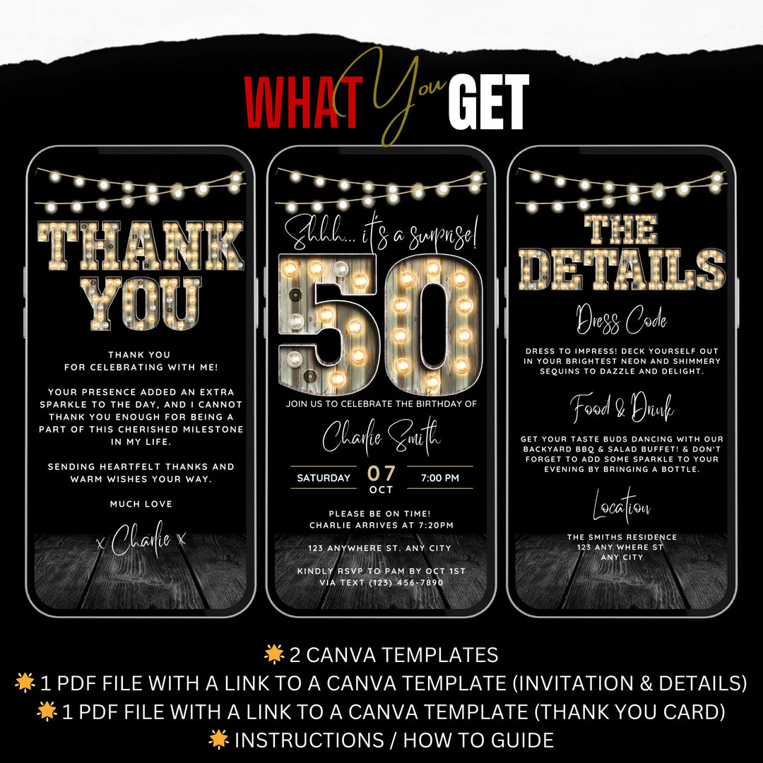 Surprise 50th Birthday Invitation with Details and Thank You Card – Digital Editable Canva Template