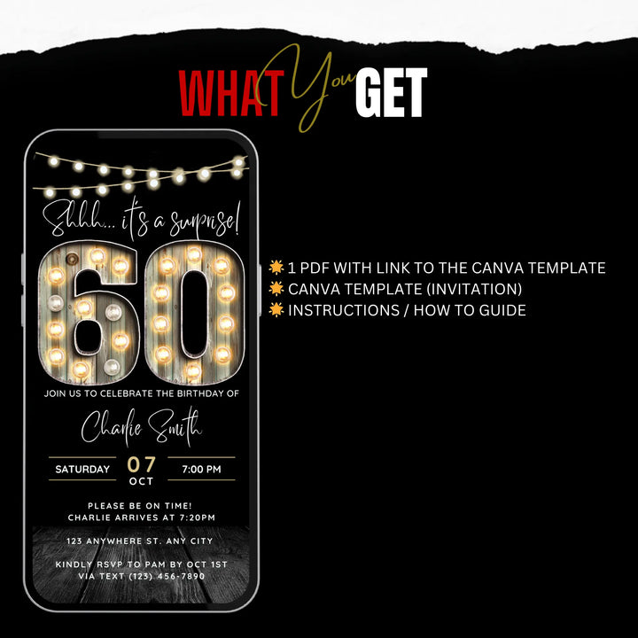 Surprise 60th Birthday Invitation – Digital Editable Canva Template