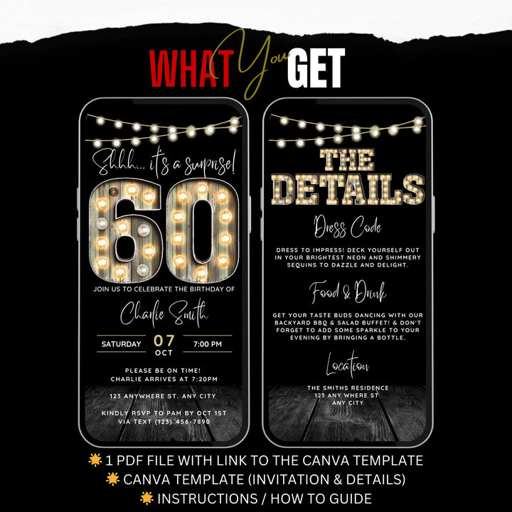 Surprise 60th Birthday Invitation with Details – Digital Editable Canva Template