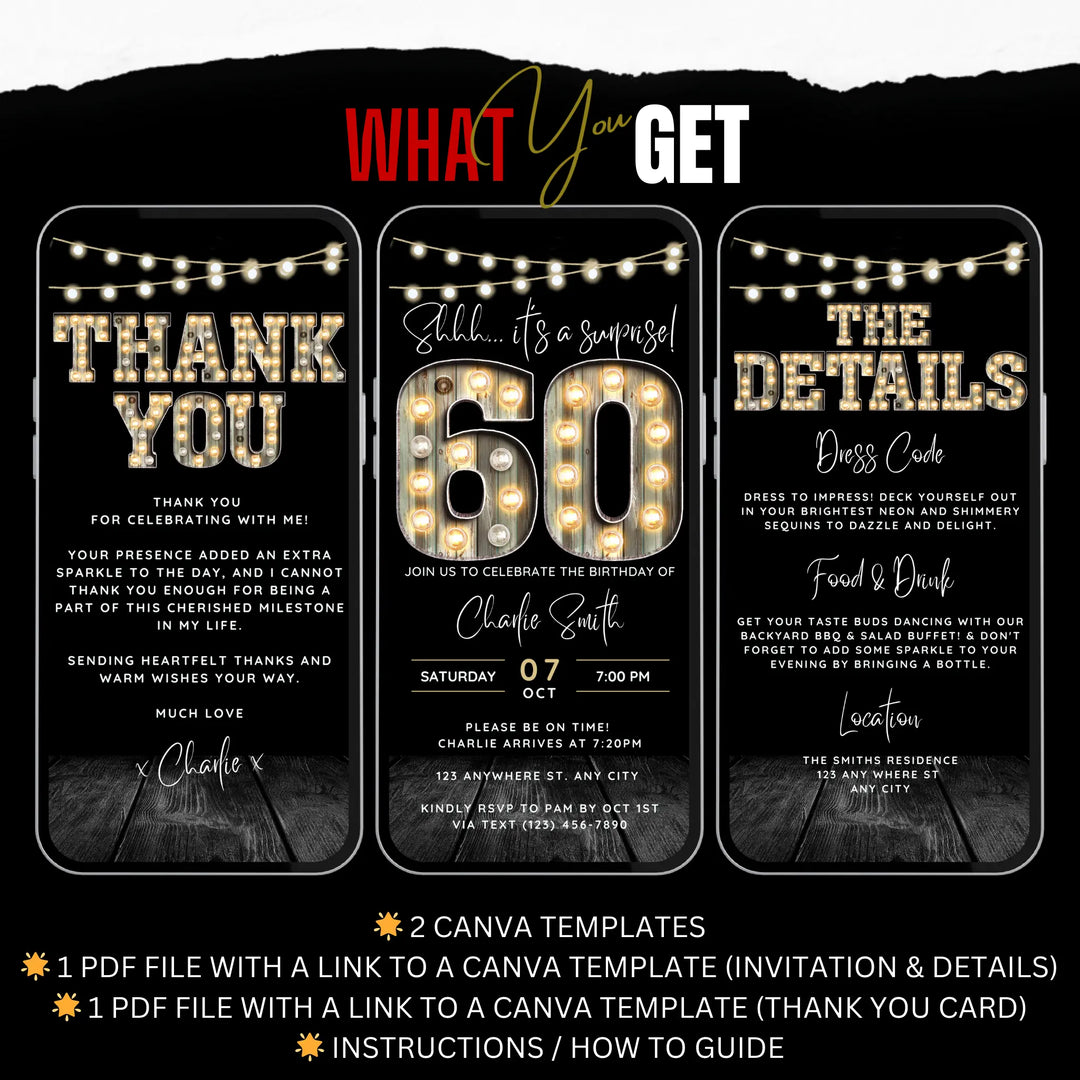 Surprise 60th Birthday Invitation with Details and Thank You Card – Digital Editable Canva Template