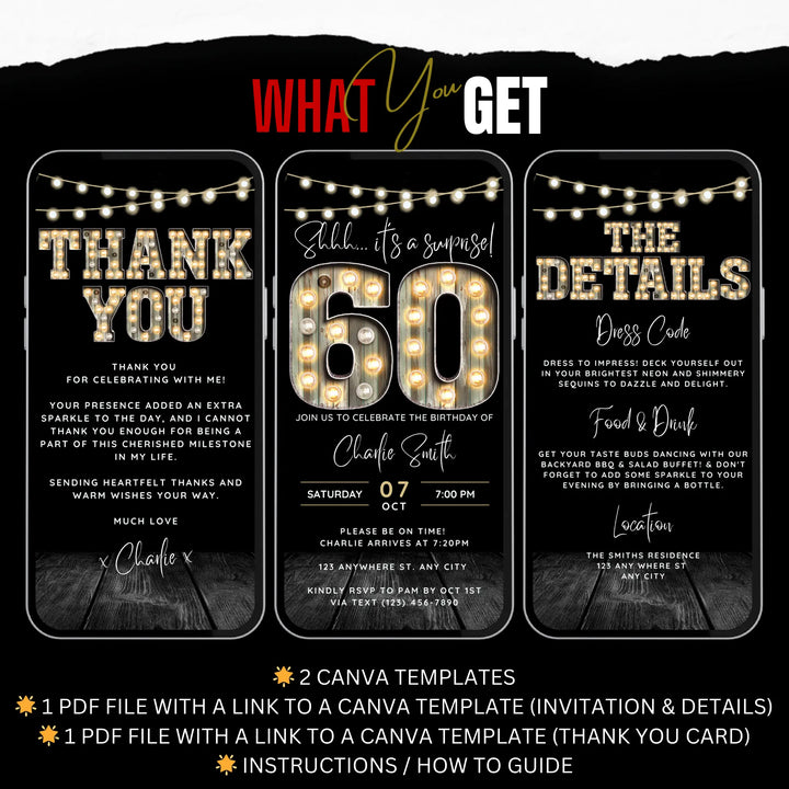 Surprise 60th Birthday Invitation with Details and Thank You Card – Digital Editable Canva Template