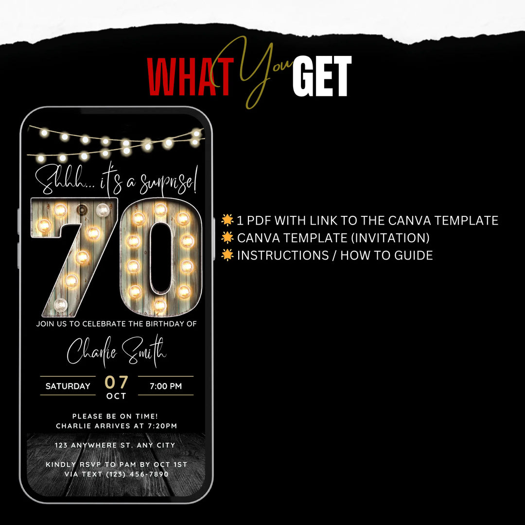 Surprise 70th Birthday Invitation – Digital Editable Canva Template