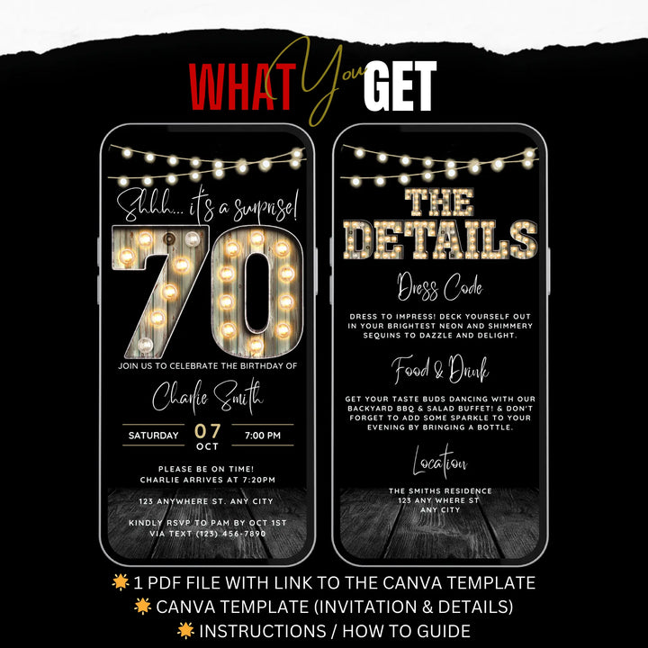 Surprise 70th Birthday Invitation with Details – Digital Editable Canva Template