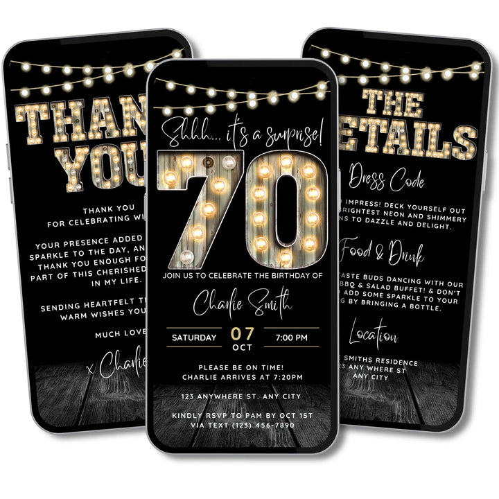 Surprise 70th Birthday Invitation with Details and Thank You Card – Digital Editable Canva Template