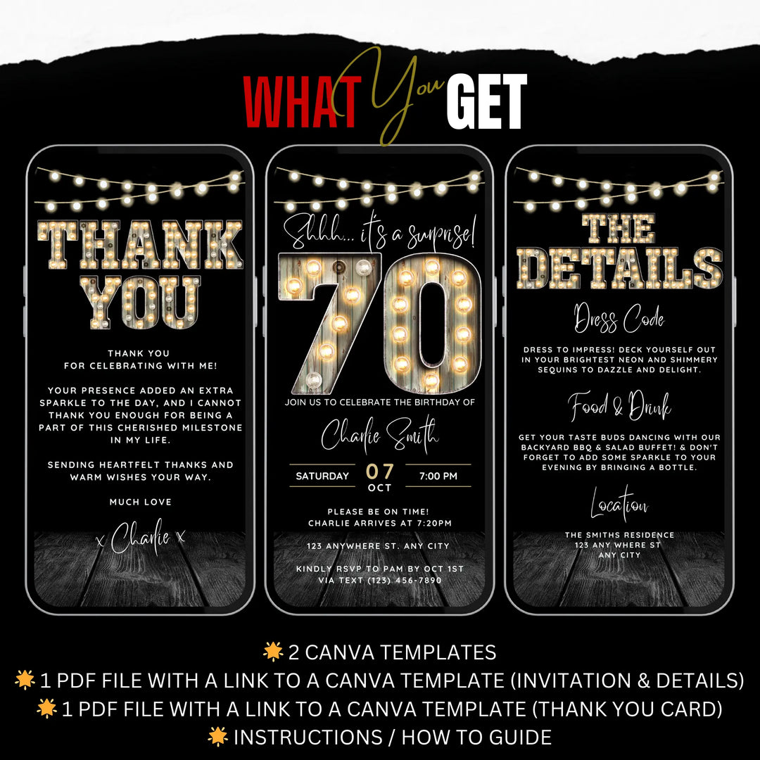 Surprise 70th Birthday Invitation with Details and Thank You Card – Digital Editable Canva Template