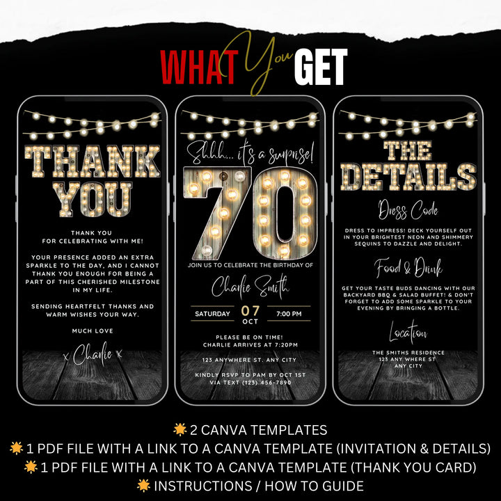Surprise 70th Birthday Invitation with Details and Thank You Card – Digital Editable Canva Template