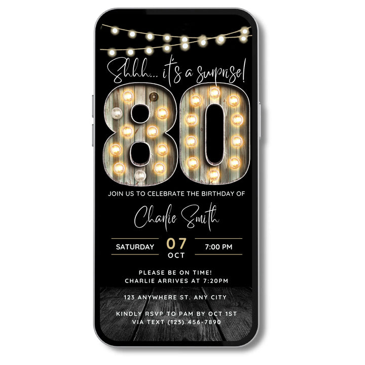 Surprise 80th Birthday Invitation – Digital Editable Canva Template