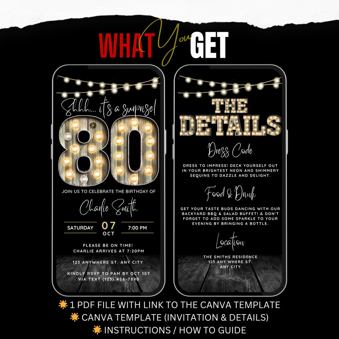 Surprise 80th Birthday Invitation with Details – Digital Editable Canva Template