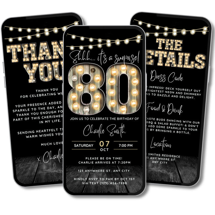 Surprise 80th Birthday Invitation with Details and Thank You Card – Digital Editable Canva Template