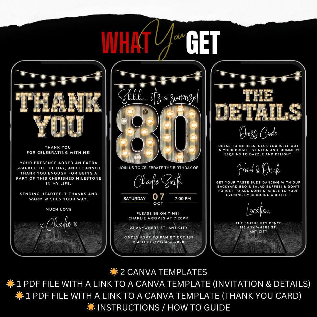 Surprise 80th Birthday Invitation with Details and Thank You Card – Digital Editable Canva Template