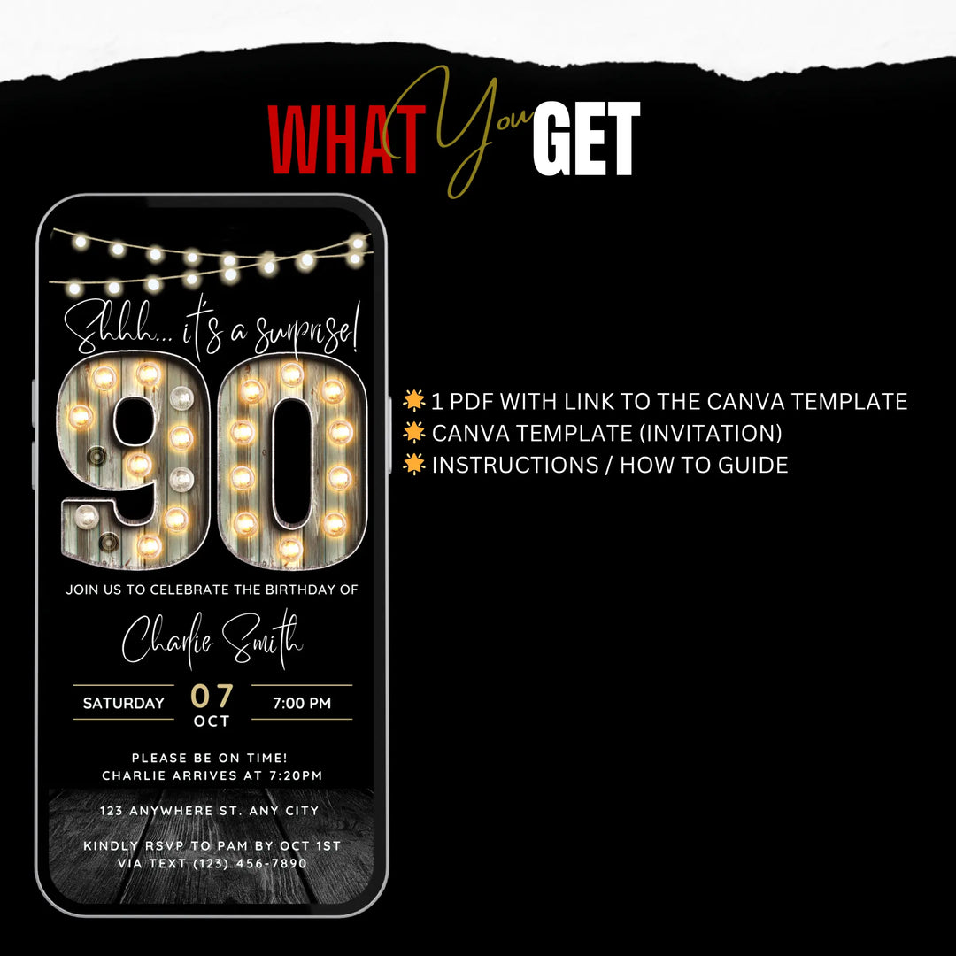 Surprise 90th Birthday Invitation – Digital Editable Canva Template