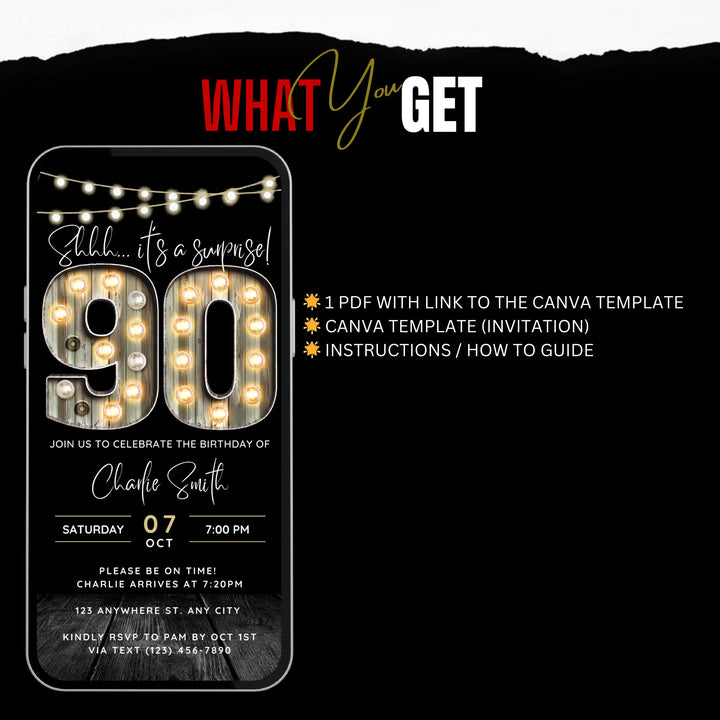 Surprise 90th Birthday Invitation – Digital Editable Canva Template