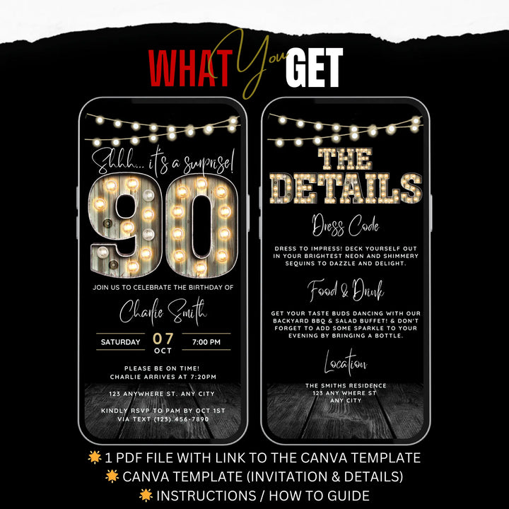 Surprise 90th Birthday Invitation with Details – Digital Editable Canva Template