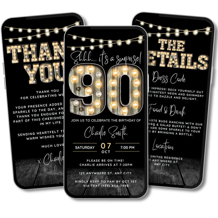 Surprise 90th Birthday Invitation with Details and Thank You Card – Digital Editable Canva Template