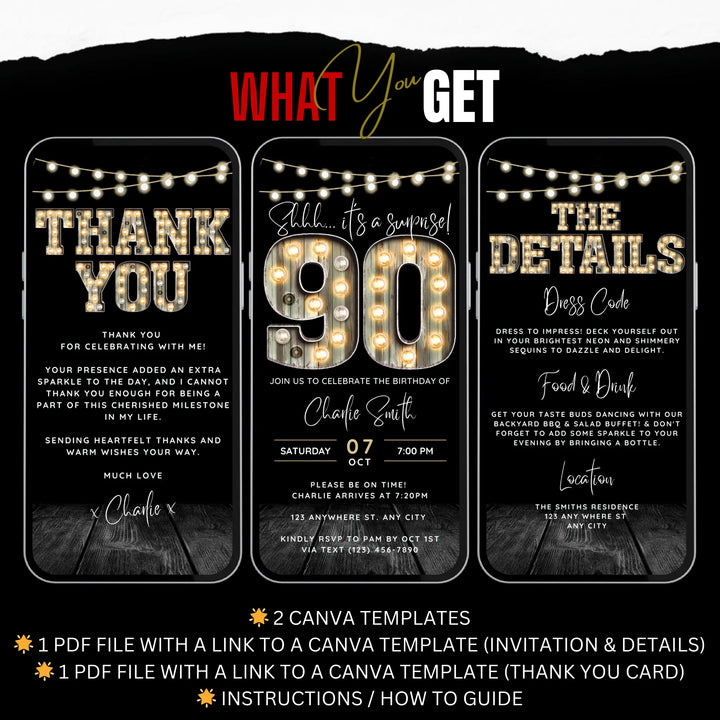 Surprise 90th Birthday Invitation with Details and Thank You Card – Digital Editable Canva Template