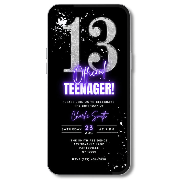 Purple & Silver 13th Birthday Invitation – Official Teenager Digital 13 Party Invite | Editable Canva Template
