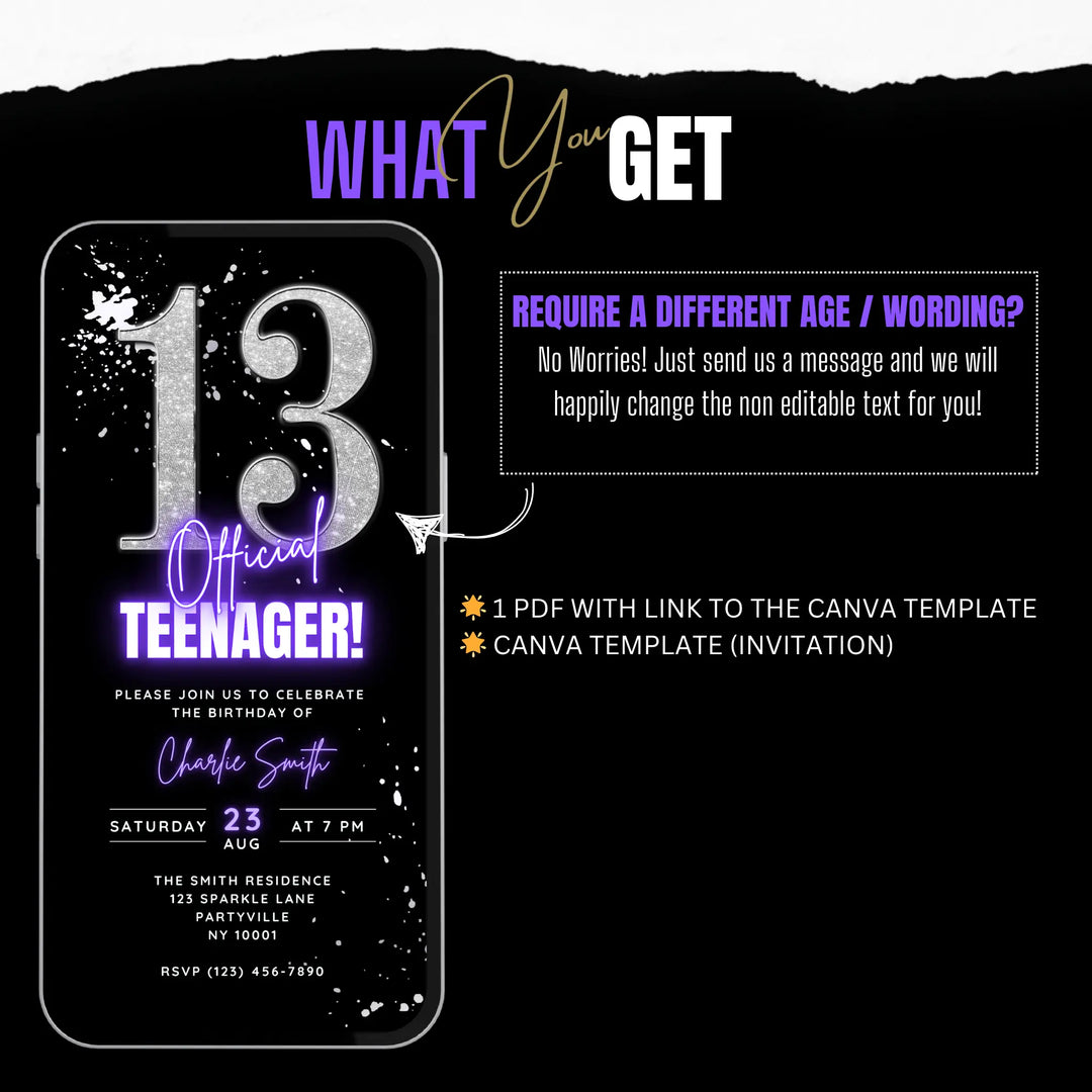 Purple & Silver 13th Birthday Invitation – Official Teenager Digital 13 Party Invite | Editable Canva Template