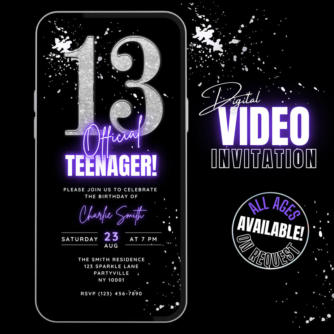 Purple & Silver 13th Birthday Invitation – Official Teenager Digital 13 Party Invite | Editable Canva Template