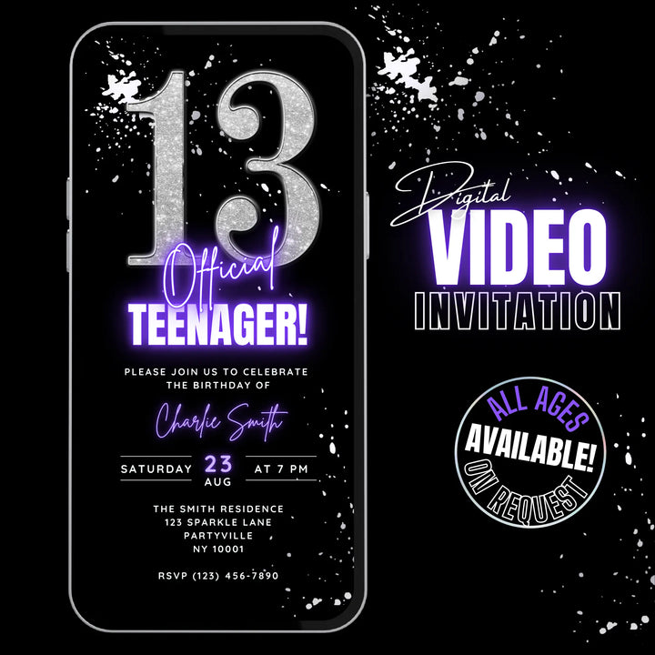 Purple & Silver 13th Birthday Invitation – Official Teenager Digital 13 Party Invite | Editable Canva Template