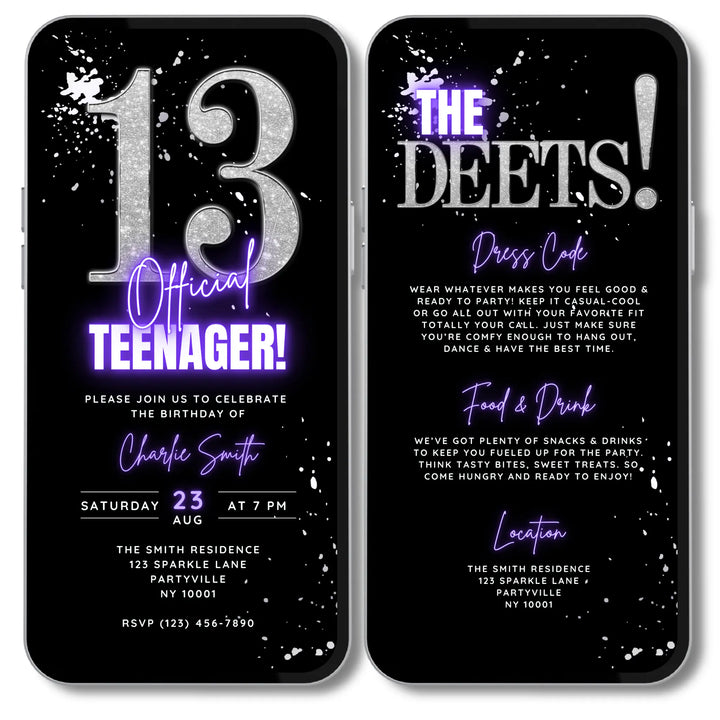 Editable Silver and Purple 13th Birthday Invitation Template | Official Teenager Party Digital Invite