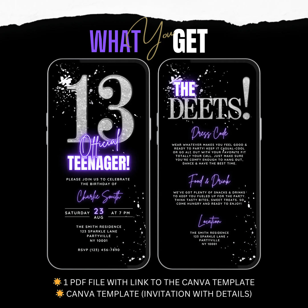 Editable Silver and Purple 13th Birthday Invitation Template | Official Teenager Party Digital Invite