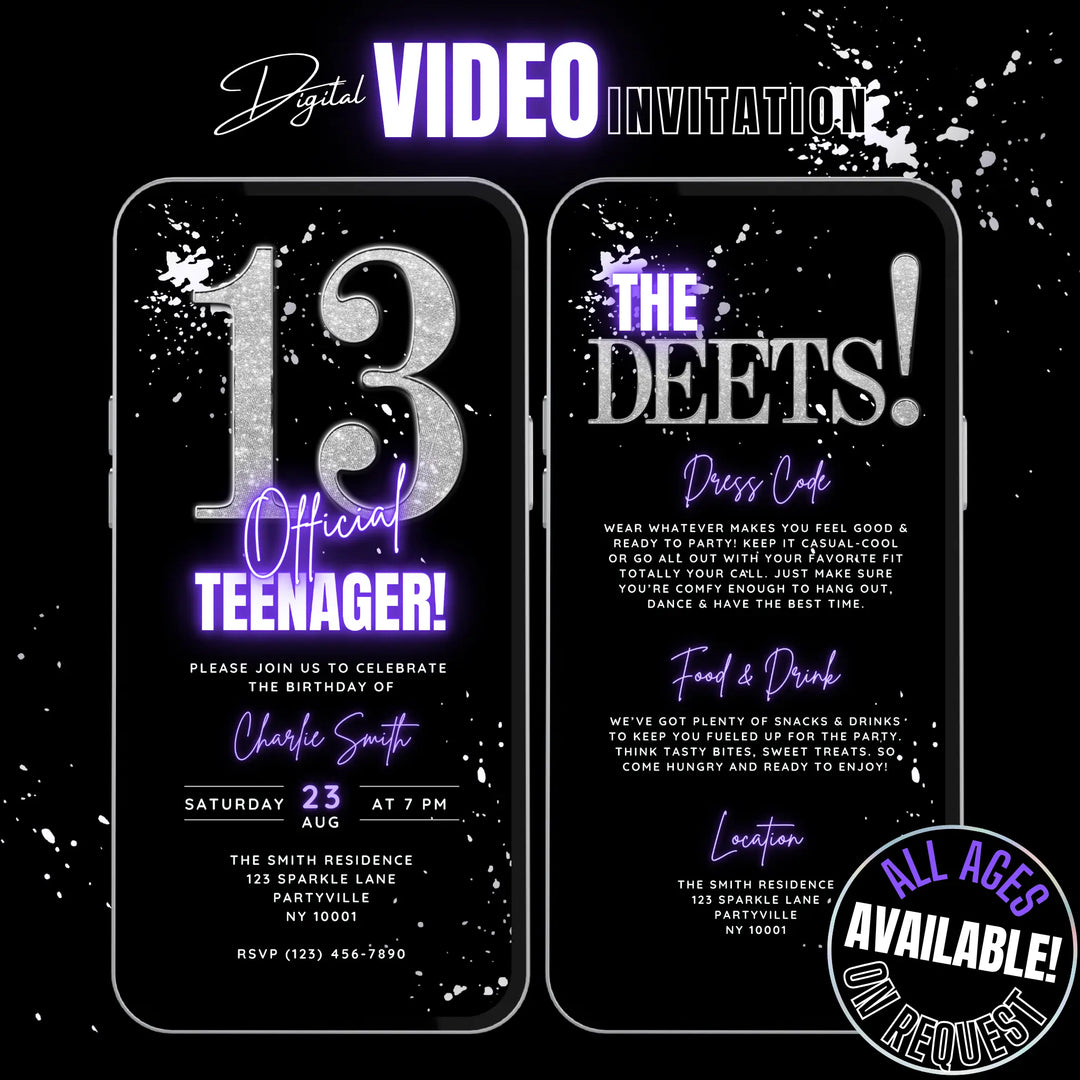 Editable Silver and Purple 13th Birthday Invitation Template | Official Teenager Party Digital Invite