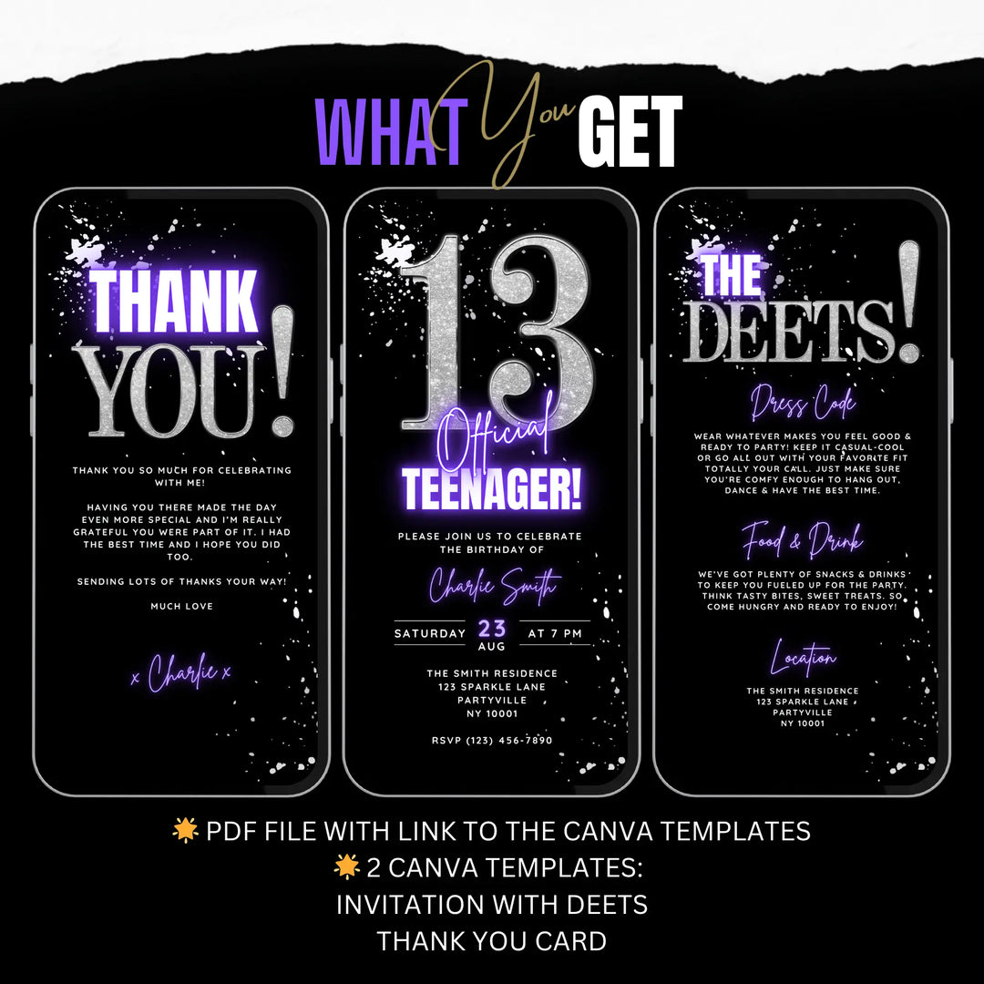 Silver and Purple 13th Birthday Invitation – Official Teenager Party Invite | Editable Canva Template