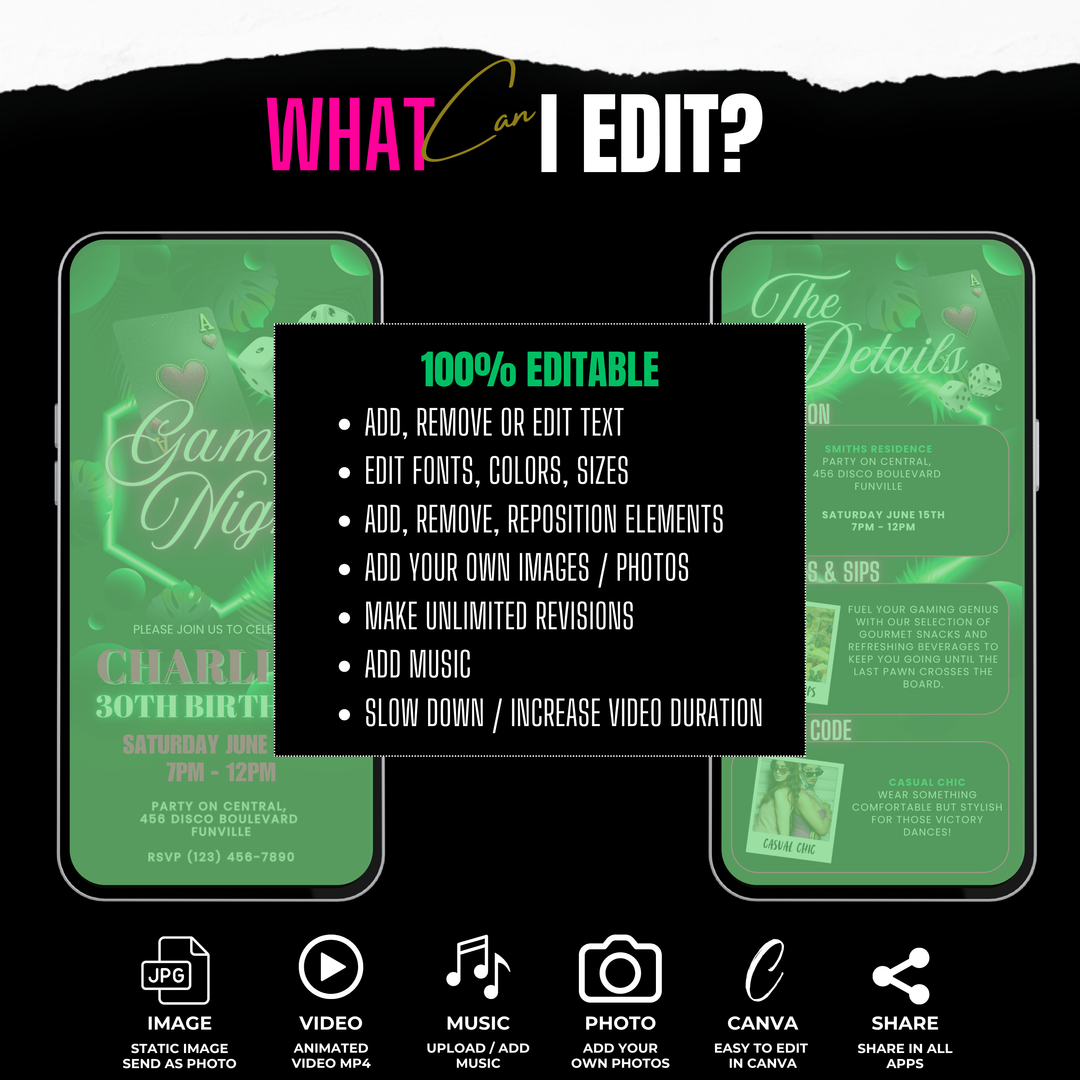 Birthday Game Night Invitation with Details – Neon Tropical Poker or Casino Night Digital Invite Template