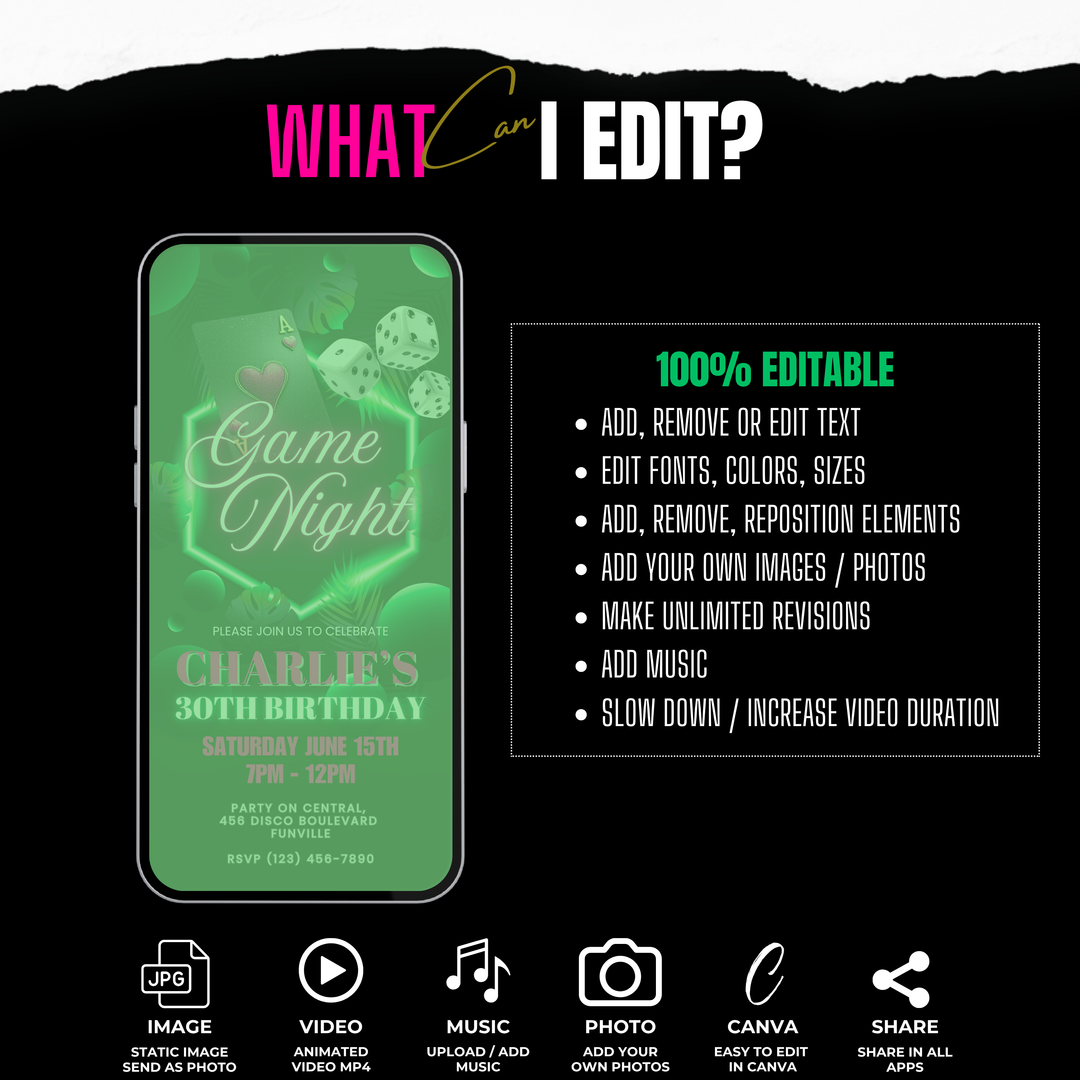 Birthday Game Night Invitation – Neon Tropical Casino or Poker Night Digital Invite Template