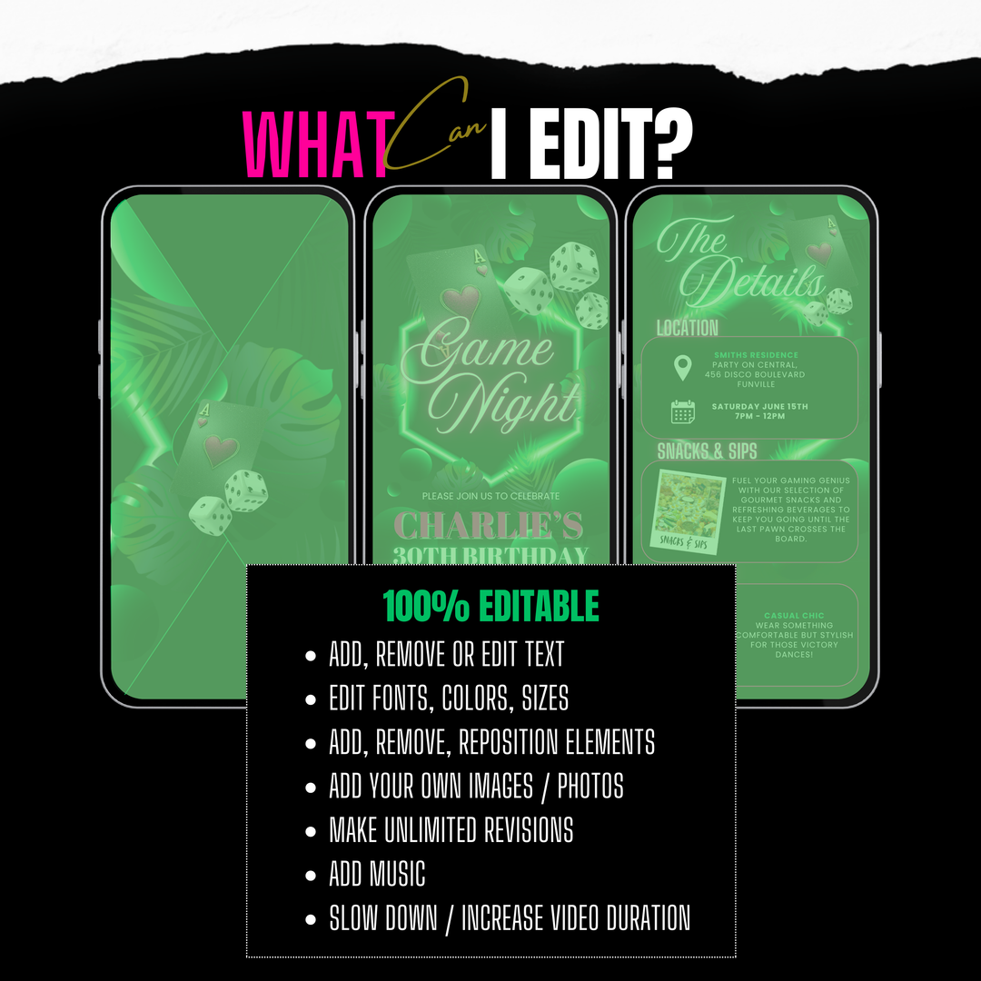 Birthday Game Night Invitation with Details – Neon Tropical Poker Party or Casino Night Digital Invite Template
