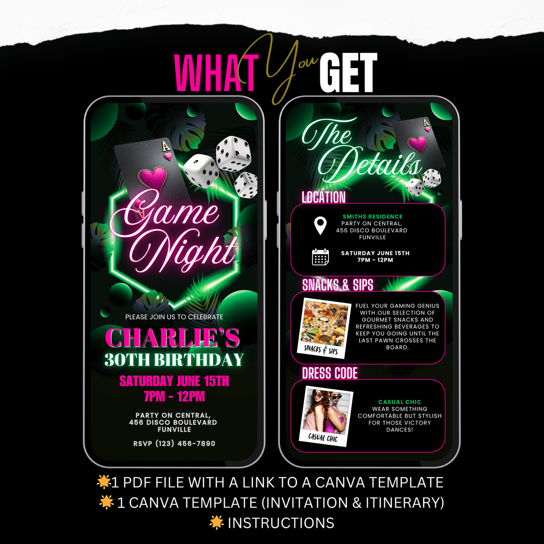 Birthday Game Night Invitation with Details – Neon Tropical Poker or Casino Night Digital Invite Template