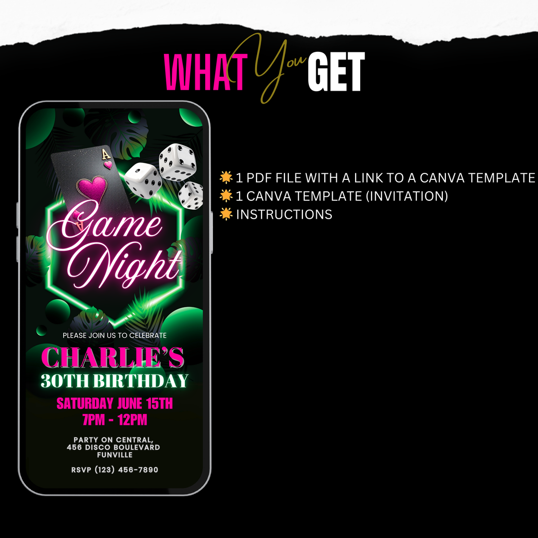 Birthday Game Night Invitation – Neon Tropical Casino or Poker Night Digital Invite Template