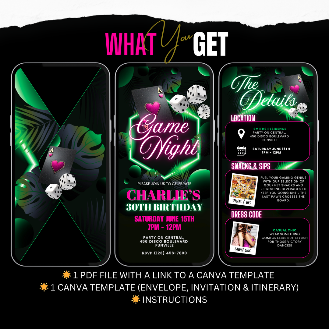 Birthday Game Night Invitation with Details – Neon Tropical Poker Party or Casino Night Digital Invite Template